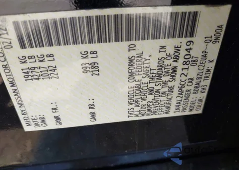 2012 Nissan Altima 2.5 S z USA, uszkodzony, nr VIN 1N4AL2AP6CC218049